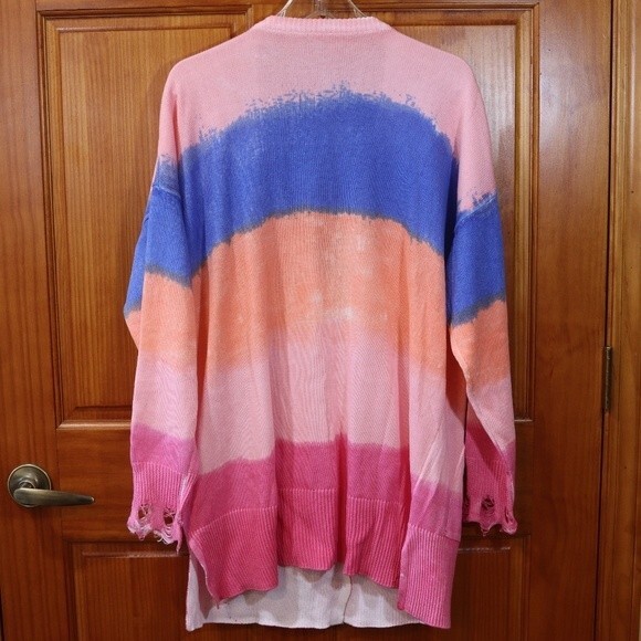 Ombre Colorful Distressed Ombre Cardigan Sweater Lightweight XXL Trendy - Picture 8 of 10